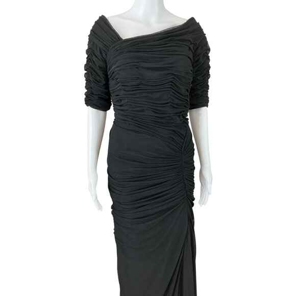 Tadashi Shoji Black Asymmetric Ruched Sleeve Gown sz M Glam Mermaid Column Event - Picture 3 of 13